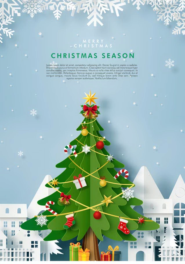 创意剪纸风圣诞节圣诞树圣诞老人麋鹿雪花3D立体海报PSD/AI素材模板【042】